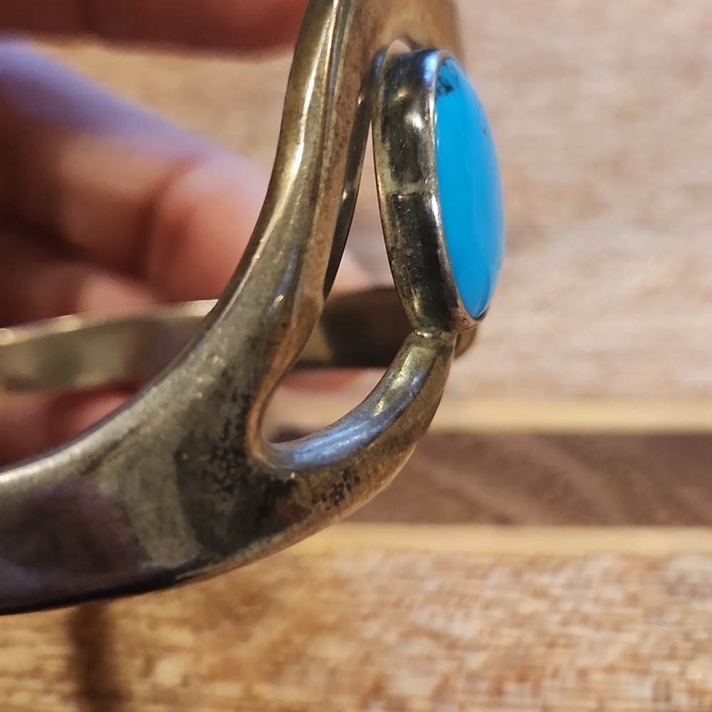 Vintage Mexican Sterling Silver 925 & Turquoise Bracelet Hinged Statement Trendy - Picture 15 of 16